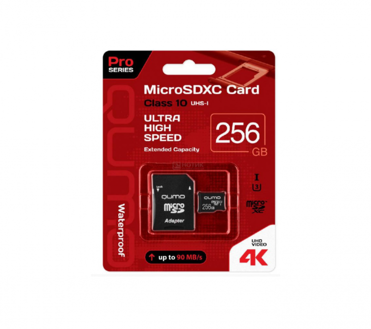 Карта памяти Qumo microSDXC 256GB Pro series microSDXC Class 10 UHS-I, U3 + SD адаптер